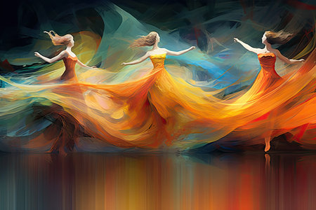 Abstract Dancer's Symphony: mesmerizing panorama capturing the graceful movements of abstract dancers, with fluid lines, vibrant colors, and a sense of rhythm and harmonyの素材