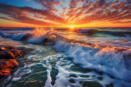 Oceanic Rhapsody: breathtaking panorama of the ocean with a stunning sunset, crashing waves, and a vibrant display of colors reflecting on the waterの素材