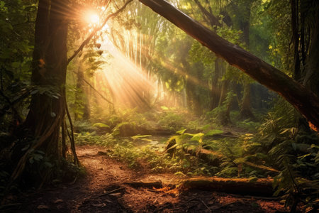 Whispering Woods: serene panorama of a mystical forest with sun rays filtering through the canopy, creating a play of light and shadows amidst an array of vibrant foliageの素材