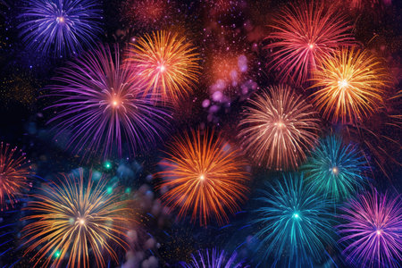Festive Fireworks: dynamic panorama of a fireworks display illuminating the night sky with bursts of vibrant colors and shimmering sparksの素材