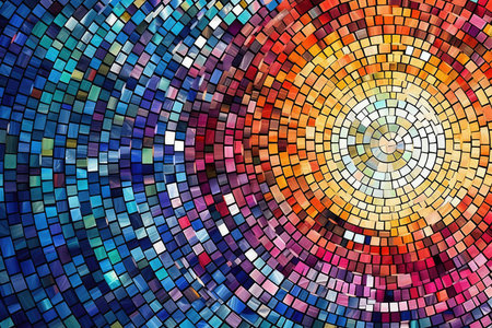 Enigmatic Mosaic: mesmerizing panorama featuring an intricate mosaic pattern with a harmonious blend of vibrant colors and geometric shapesの素材