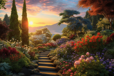 Garden of Delights: picturesque panorama of a bountiful garden bursting with colorful blooms, lush foliage, and a symphony of scentsの素材