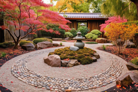 Zen Garden Retreat: serene panorama of a Zen garden, with meticulously raked gravel, tranquil water features, and vibrant bursts of color from carefully placed flowers and foliageの素材