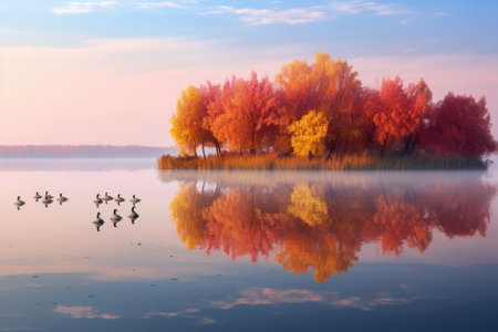 Harmony in Nature: serene panorama of a tranquil lakeside scene, where colorful autumn trees reflect on the calm waters, and a flock of birds soars gracefully across the skyの素材