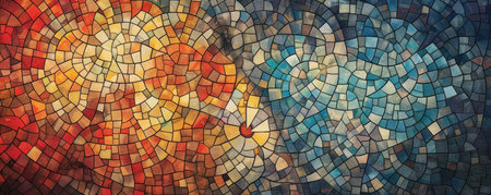 Panorama of abstract background resembling a mosaic of intricate patterns and tessellations, showingcasing the beauty of mathematical symmetryの素材