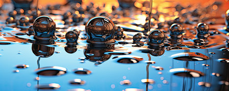 Panorama of symphony of abstract water droplets on a reflective surface, creating a serene and contemplative atmosphereの素材