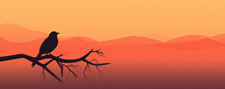 Panorama of serene minimalistic background with a single bird silhouette, capturing the simplicity and freedom of natureの素材