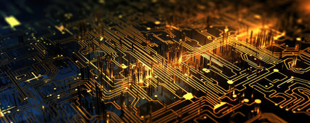 Panorama of minimalistic abstract background with circuit board patterns and glowing pathways, symbolizing the intricate workings of technologyの素材