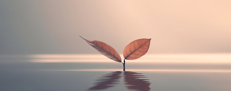 Panorama of serene minimalistic background with a single leaf silhouette, capturing the simplicity and beauty of natureの素材