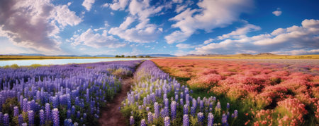 Panorama of expansive panoramic shot of a vibrant and colorful flower field in full bloom, with rows of blossoming flowers stretching across the landscapeの素材