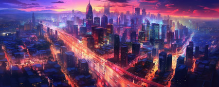 Panorama of panoramic cityscape view of a bustling metropolis at night, with skyscrapers reaching towards the stars, illuminated by the vibrant lights of the cityの素材