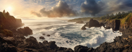 Panorama of stunning panoramic view of a picturesque coastal cliff, with rugged rock formations, crashing waves, and a sweeping ocean vista, all under a dramatic cloudy skyの素材