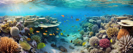 Panorama of breathtaking panoramic view of a vibrant coral reef teeming with colorful marine life, with coral formations, tropical fish, and crystal-clear turquoise watersの素材
