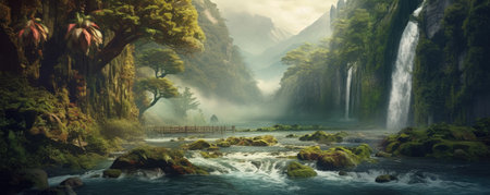 Panorama of panoramic shot of a majestic waterfall surrounded by lush vegetation, with water cascading down rugged cliffs into a sparkling pool below, capturing the raw powerの素材