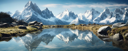 Panorama of breathtaking panoramic shot of a serene alpine landscape, with snow-capped peaks, pristine glaciers, and a tranquil lake reflecting the majestic mountainsの素材