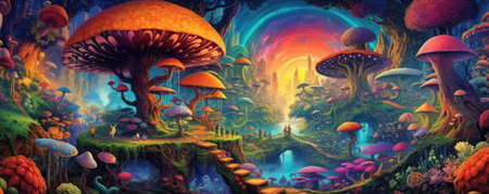 Panorama of Enchanted Rainbow Forest: magical panorama of a whimsical forest, where vibrant rainbows arch across the sky, and colorful floraの素材