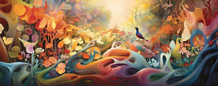 Panorama of symphony of organic abstract forms merging and evolving, resembling a lush garden of creativityの素材