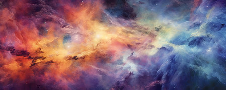 Panorama of Cosmic Burst: dynamic panorama featuring explosive bursts of cosmic energy, swirling nebulae, and vibrant celestial colorsの素材