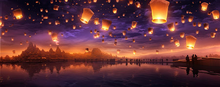 Panorama of Enchanted Sky Lanterns: whimsical panorama of floating sky lanterns, illuminating the night sky with a soft glow and creating a dreamlike ambianceの素材