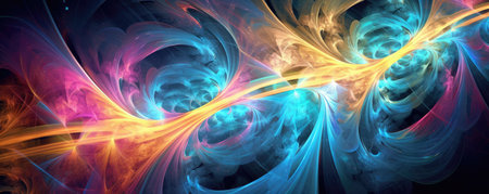 Panorama of Abstract Fractal Symphony: captivating panorama of intricate fractal patterns, blending harmoniously to create a symphony of complexity, colors, and infinite beautyの素材