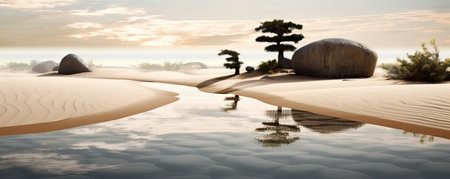 Panorama of Serene Zen Reflections: serene panorama of a tranquil Zen garden, with carefully raked sand, peaceful reflection pondsの素材