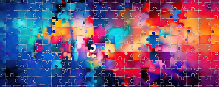 Panorama of Abstract background with a mosaic of interconnected puzzle pieces in vibrant colors, representing collaboration, teamwork, and problem-solving in the business worldの素材