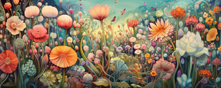 Panorama of Floral Fantasy: dreamy panorama of a whimsical blooming garden with an abundance of vibrant flowers in a myriad of shapes, sizes, and colorsの素材