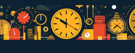 Panorama of professional business backdrop with a minimalist clock face and time-related icons, symbolizing time management, efficiency, and productivity in the corporate worldの素材