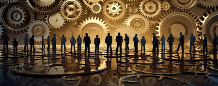 Panorama of Professional business backdrop with a grid of interlocking gears, representing efficiency, teamwork, and synergy in the corporate worldの素材