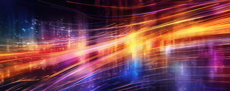 Panorama of vibrant and energetic business background with streaks of light and motion blur, portraying a sense of dynamic activity and progress in the corporate worldの素材