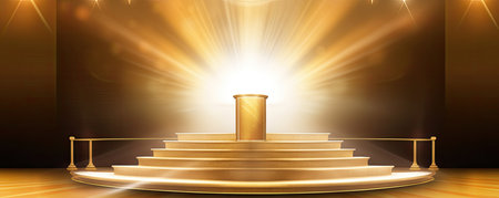 Panorama of elegant and refined business backdrop with a golden podium and spotlight, symbolizing leadership, excellence, and success in the corporate worldの素材