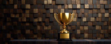Panorama of Elegant and refined business backdrop with a golden trophy, representing achievement, success, and recognition in the corporate worldの素材