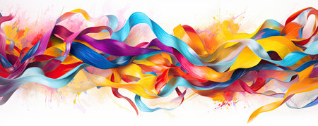Panorama of Abstract background with a burst of rainbow colors and flowing ribbons, representing diversity, inclusion, and creativity in the business realmの素材