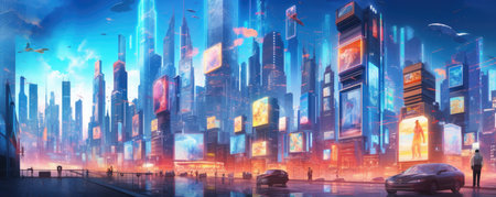 Panorama of Futuristic cityscape with holographic buildings and digital billboards, symbolizing the integration of technology and business in urban environmentsの素材