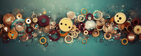 Panorama of Creative and imaginative background with floating gears and cogwheels, symbolizing innovation and problem-solving in the business worldの素材