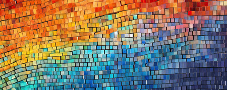 Panorama of artistic background with mosaic tiles in vibrant colors, representing diversity and collaboration in the business worldの素材