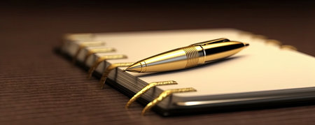 Panorama of Elegant and sophisticated business backdrop with a golden pen and a blank notebook, representing creativity, ideasの素材