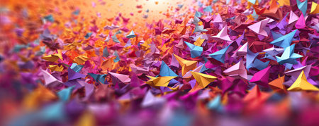Panorama of Abstract background with a burst of colorful origami paper planes, representing creativity, exploration, and the pursuit of new ideas in the business landscapeの素材