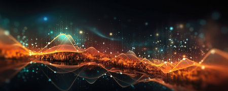 Panorama of Futuristic background with digital particles and light trails, symbolizing technological advancements in the realm of businessの素材