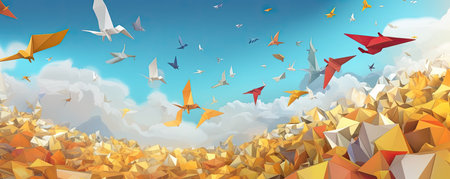 Panorama of dynamic and energetic background with flying paper airplanes, symbolizing innovation and the pursuit of new ideas in the realm of businessの素材