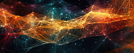 Panorama of Abstract background with interwoven threads and strings, representing the interconnectedness and collaboration in the business worldの素材