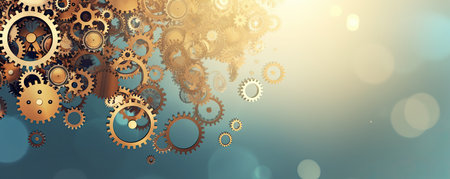 Panorama of Creative and imaginative background with floating gears and cogwheels, symbolizing innovation and problem-solving in the business worldの素材