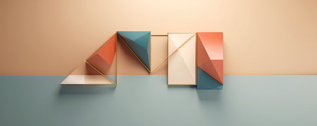 Panorama of Sleek and minimalist background with floating geometric shapes, exuding a sense of order and simplicity in the realm of businessの素材