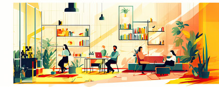 Panorama of Illustration of a modern office space with collaborative areas and diverse employees, representing teamwork and inclusivity in the business worldの素材