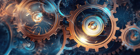 Panorama of Abstract background with interconnected gears and cogwheels, representing collaboration and synergy in the realm of businessの素材
