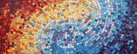 Panorama of artistic background with colorful mosaic tiles and abstract patterns, representing diversity and creativity in the business worldの素材