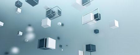 Panorama of Sleek and minimalist background with floating geometric shapes, exuding a sense of order and simplicity in the realm of businessの素材