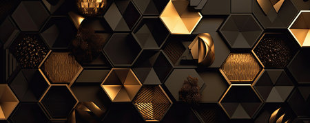 Panorama of Sophisticated background with golden geometric shapes and luxurious elements, exuding a sense of elegance and success in businessの素材