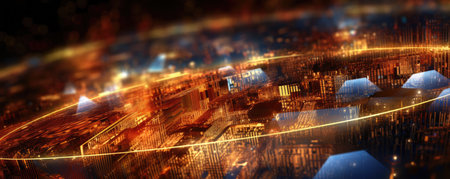 Panorama of Abstract background with digital circuitry and technological elements, representing innovation and connectivity in the world of businessの素材
