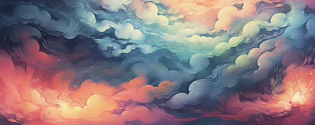 Panorama of Abstract background with swirling clouds and dreamlike elements, representing imagination and possibility in the world of businessの素材